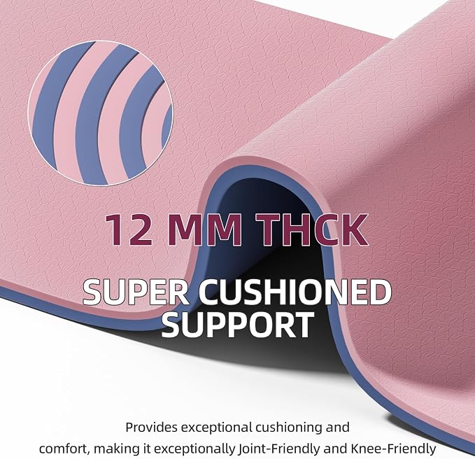 Extra Thick 12mm TPE Exercise Yoga Mat with Strap, 72"L x 24.8"W Non-slip Workout Mat for gymnastics, Pilates, Home, Workout, Gym Floor Fitness