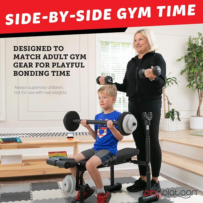 Play Platoon Kids Weight Bench Set or Squat Rack- Kids Gym Equipment for Home - Fitness Equipment for Boys - Workout and Exercise Equipment - Ages 3+