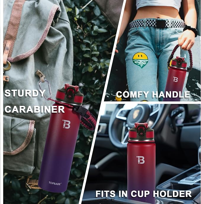 TOPBADE 32oz Insulated Water Bottle with Straw Lid & Spout Lid & Paracord Handle, Stainless Steel Water Bottle Wide Mouth, Double Wall for Women Men Gym Fitness Outdoor