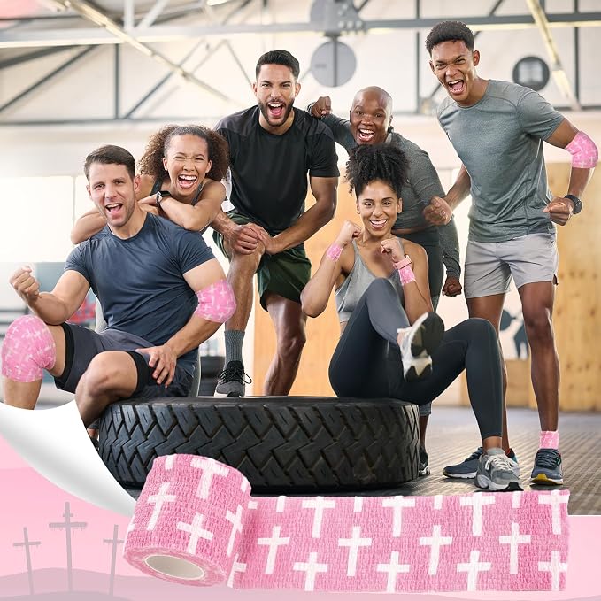 Geiserailie 12 Pack Christian Athletic Tapes 2 Inch x 5 Yards Self Adhesive Bandages Sports Wraps Breathable Elastic Wrap Non Woven Bandage for Wrist, Ankle, Baseball Football(Pink)