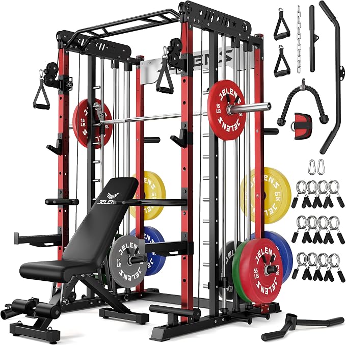 JELENS Smith Machine for Home Gym, Multi-Function M12 Power Cage with Cable Crossover System, Squat Rack with Smith Bar and More Attachment