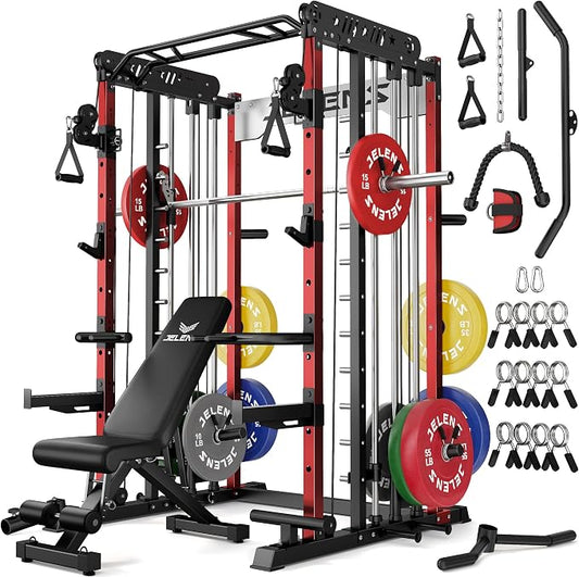 JELENS Smith Machine for Home Gym, Multi-Function M12 Power Cage with Cable Crossover System, Squat Rack with Smith Bar and More Attachment