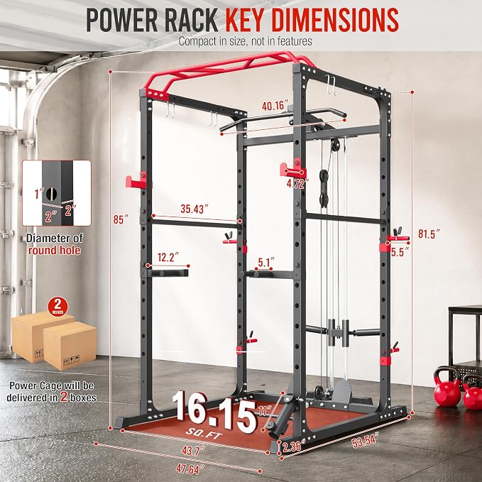 HulkFit Power Rack, Multi-Function Squat Rack with LAT Pull Down, Power Cage with Pulley System, Strength Training Home Gym Equipment with Workout Equipment Attachments, Cable Machine for Home Gym