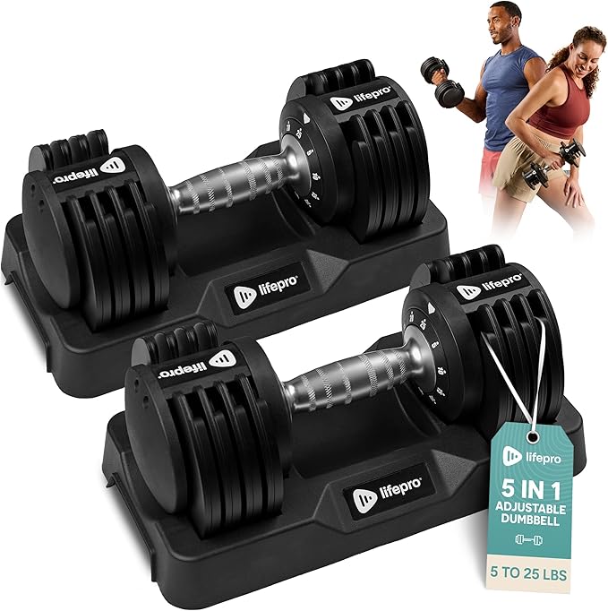 LifePro Adjustable Dumbbells, Single or 2pcs, Up to 55 lbs & 3-in1 option | Quick-change weight system with included rack — available in options from 2.5 to 55 lbs for every fitness level