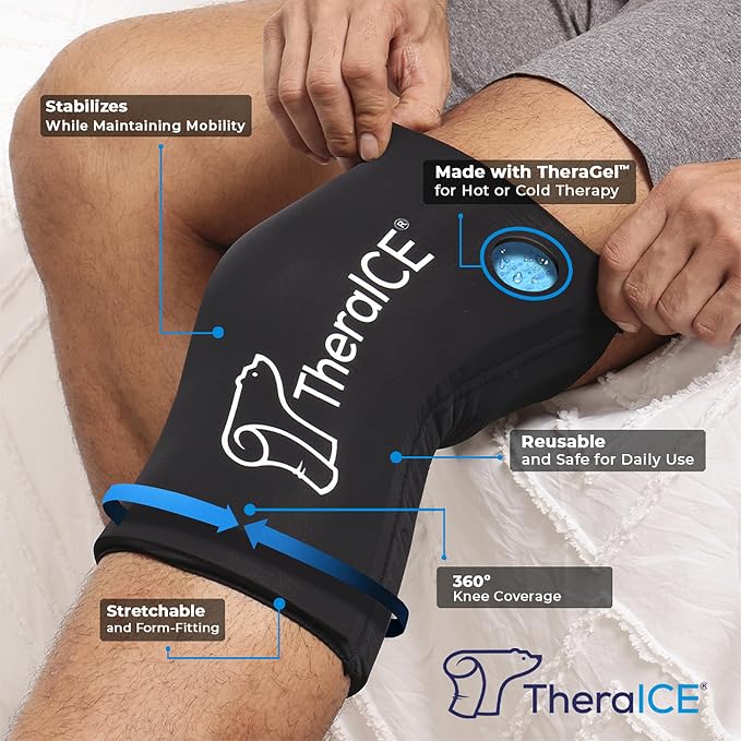 TheraICE Knee Ice Pack Wrap, Reusable Cold Compression Sleeve for Injuries | Flexible Gel Ice Pack, Cooling Knee Sleeve for Elbow, Ankle & Calf, Post-Surgery Recovery, ACL MCL Relief