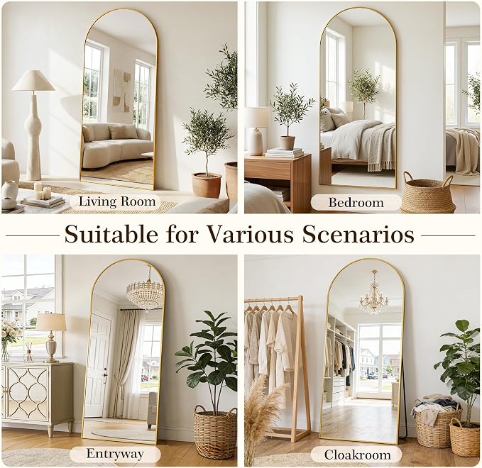 71"x28" Arched Full Length Mirror with Stand, Free Standing Leaning Wall Mounted Aluminum Alloy Frame Mirror for Bedroom Living Room Cloakroom, Gold