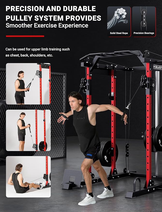 YOLEO Smooth Pulley System Power Cage, Adjustable Cable Crossover Power Rack, Multi-Functional Cable Machine for Home Gym