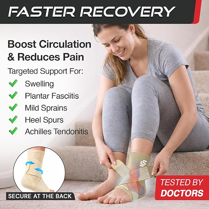 Sleeve Stars Ankle Brace for Women & Men, Ankle Wrap for Sprained Ankle, Compression Sleeve for Plantar Fasciitis Relief, Easy Customizable Support: w/Removable Strap (Single/S:9"-10"/Beige)
