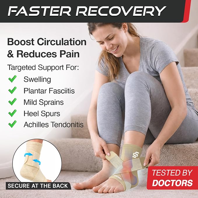 Sleeve Stars Ankle Brace for Women & Men, Ankle Wrap for Sprained Ankle, Compression Sleeve for Plantar Fasciitis Relief, Easy Customizable Support: w/Removable Strap (Single/M:10"-12"/Beige)
