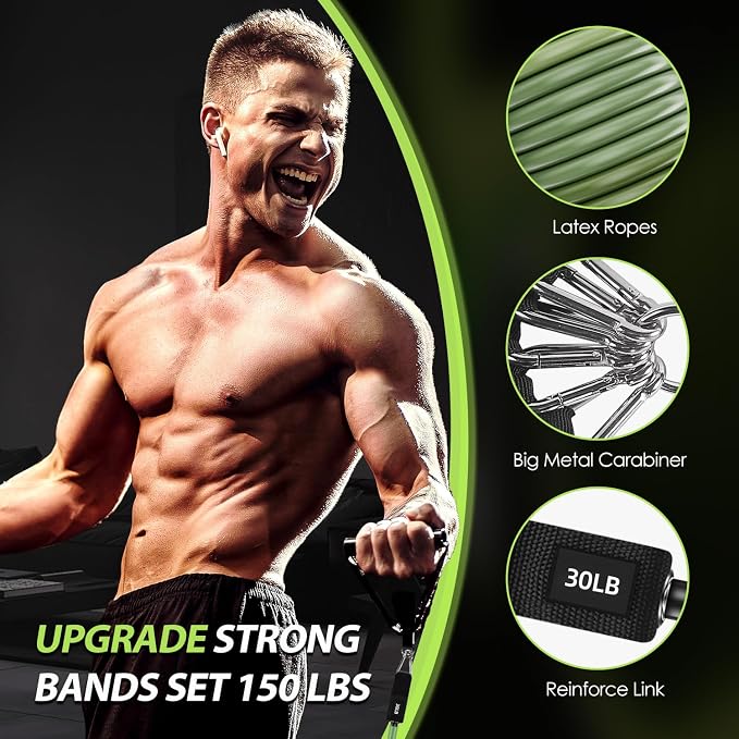 WHATAFIT Resistance Bands with Handles, 5-Level Exercise Bands for Workout | Natural latex,10-50 lbs, stackable to 150,Ankle Straps, Door Anchor,Guide. For Strength, Yoga,Home Gym,Travel & Workout.