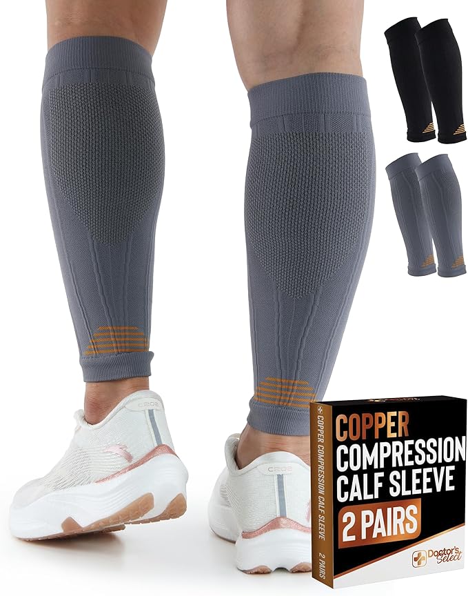 Doctor's Select 2 Pairs Copper Calf Compression Sleeve - Leg Compression Sleeves for Women & Men, Shin Splint Relief