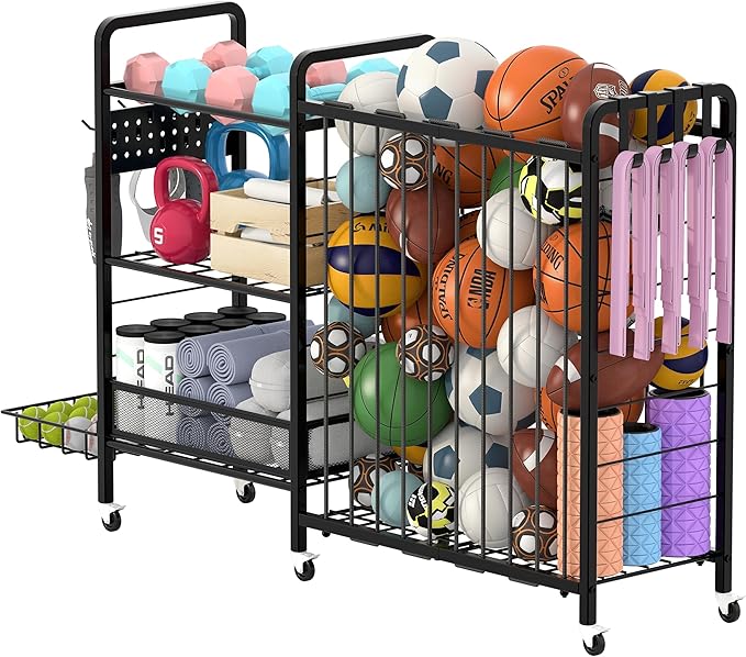 Sports Equipment Garage Organizer,Garage Ball Storage Rack for Sports with Wheels-Upgraded 3 Layers Organizer Rack Outdoor Basketball Racks for Balls with Holder and Hooks (Deep Black)