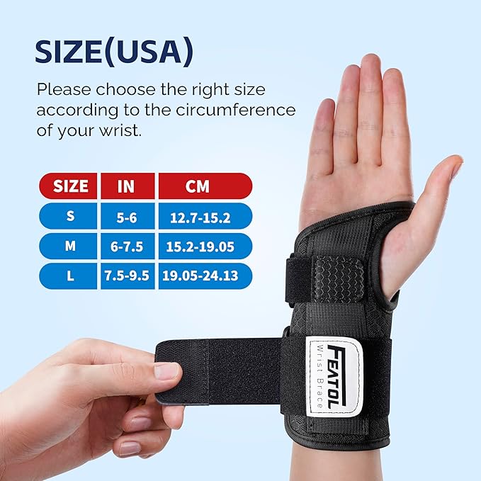 FEATOL 2 Pack Carpal Tunnel Wrist Brace For Work With Wrist Splint, 6.5'' Hand Brace Night Support For Women Men, Pain Relief For Tendonitis, Arthritis, Pregnancy, Typing, Right and Left Hand, Small