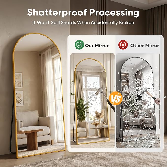 Full Length Mirror, 86"x46" Arched Floor Mirror Freestanding, Floor Standing Full Body Mirror with Stand for Bedroom, Hanging Mounted for Living Room Cloakroom, Gold