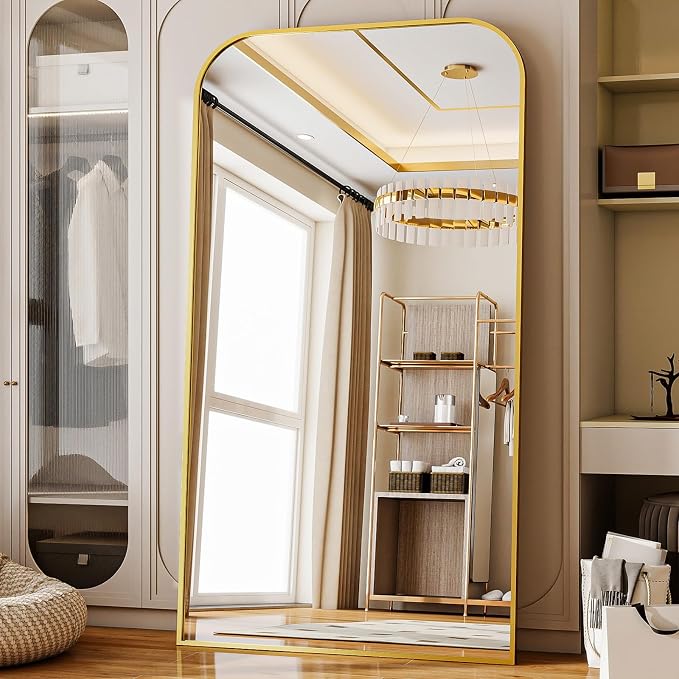 Oversized Full Length Mirror 86"x40" Arched Floor Standing Mirror | Large Full Body Mirrors with Stand - with Aluminum Frame for Bedroom Living Room, Gold