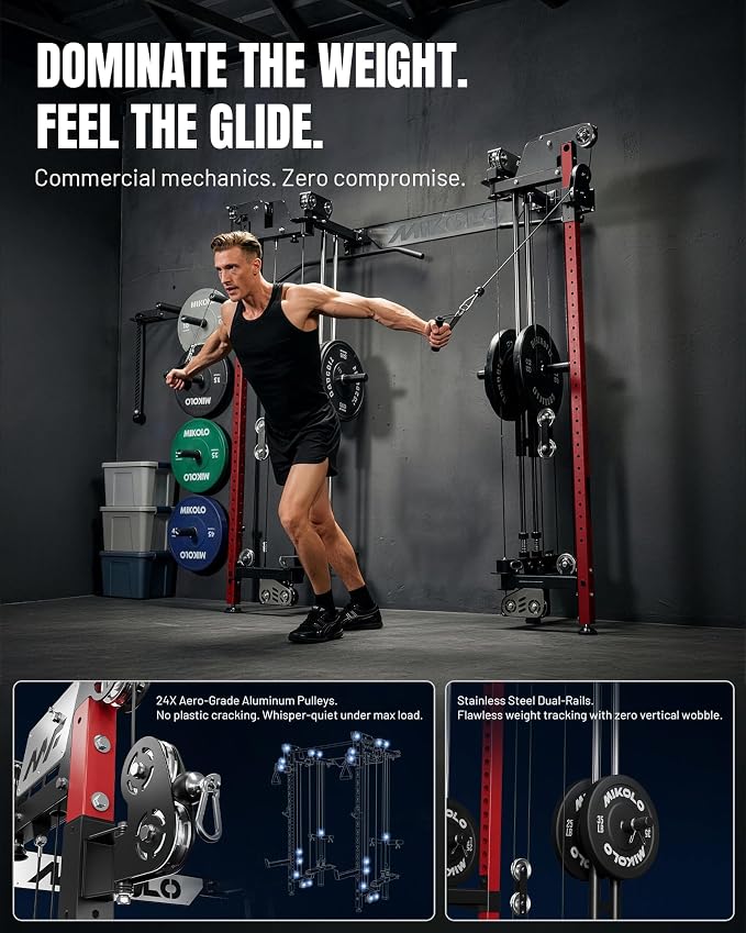 Mikolo Folding Squat Rack, Wall Mounted Power Rack with Cable Crossover Machine & LAT Pull Down, Functional Trainer with 5 Adjustable Function Modes, Home Gym Package