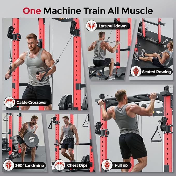SPORTSROYALS Power Rack, Multi-Functional Power Cage, Squat Rack with Pulley System & LAT Pull Down, Workout Cage with J Hooks for Home Gym