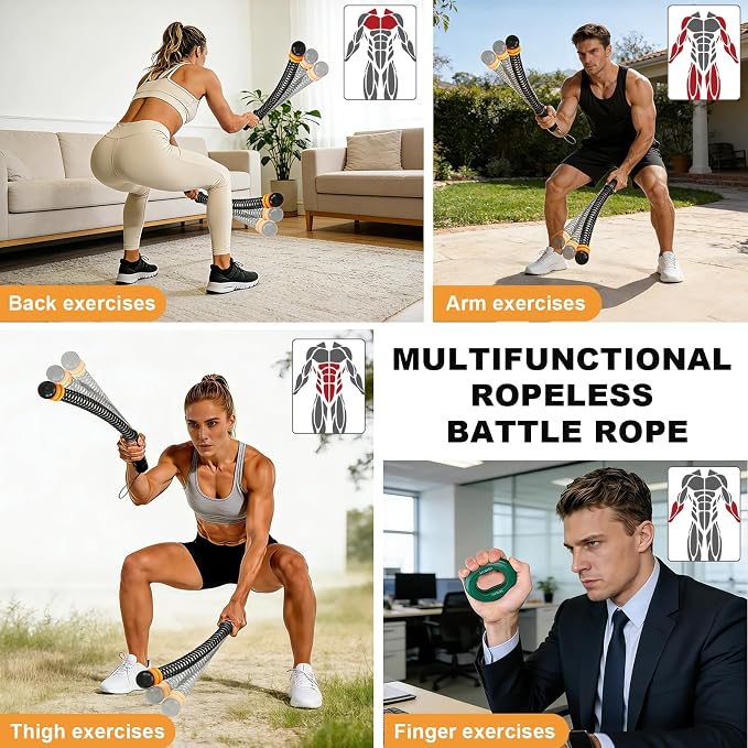 Weighted Ropeless Battle Ropes, Portable Cordless Rope for Home Gym | Grip Strengtheners&Poster, Adjustable Resistance, Non Slip Handle, Low-Noise, Heavy Duty Fitness Rope for HIIT Strength, 2PCS