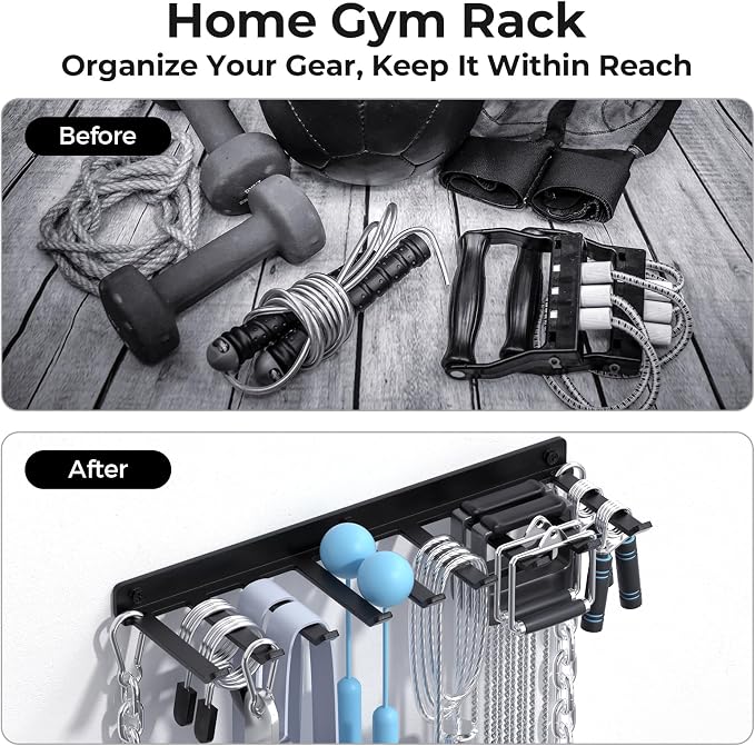 Home Gym Accessories Storage Wall Rack with Sturdy Hooks, Carabiner Clips | Heavy Duty Home Gym Equipment Storage Rack Wall Mount for Resistance Bands, Cable Attachments,Lifting Belts,Jump Ropes,Chains