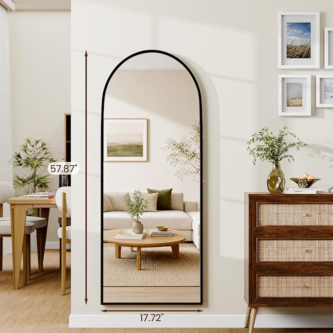 56"×18" Full Length Mirror, 2 Pcs Shatterproof Tempered Glass Floor Mirror, Alum Alloy Thin Frame Standing Mirror with Freestanding/Leaning/Wall Mount for Bedroom, Living Room & Entryway, Black