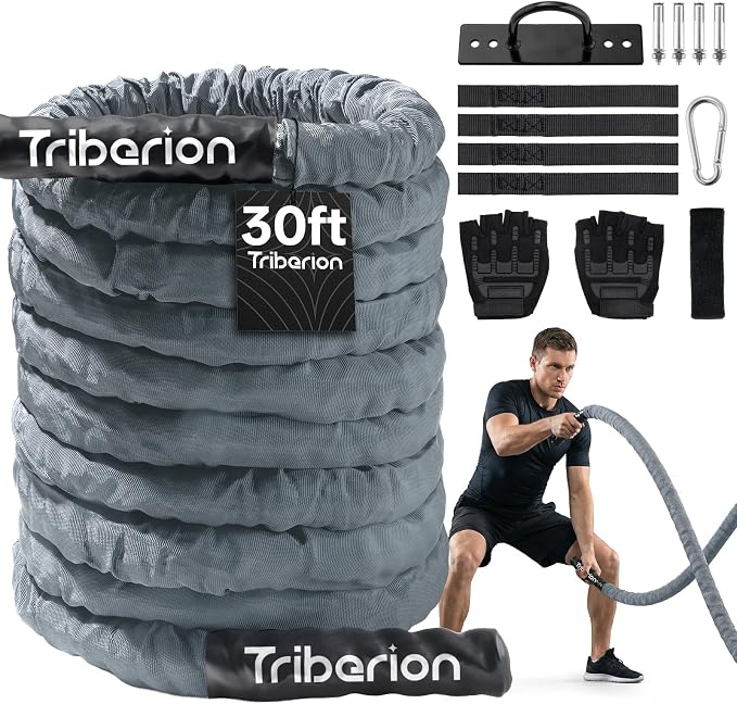Battle Rope for Home Gym Workout - 1.5 Inch 30ft Heavy Weighted Training Exercise Ropes Fitness Equipment with Sleeve and Anchor Strap Kit for Outdoor Working Out - Gray