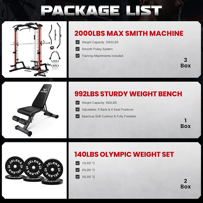 SR01 Smith Machine, 2000LBS Multi-Function Power Cage with LAT Pulldown System, All-in-One Home Gym Squat Rack with Smith Bar and Training Attachments for Full Body Workouts