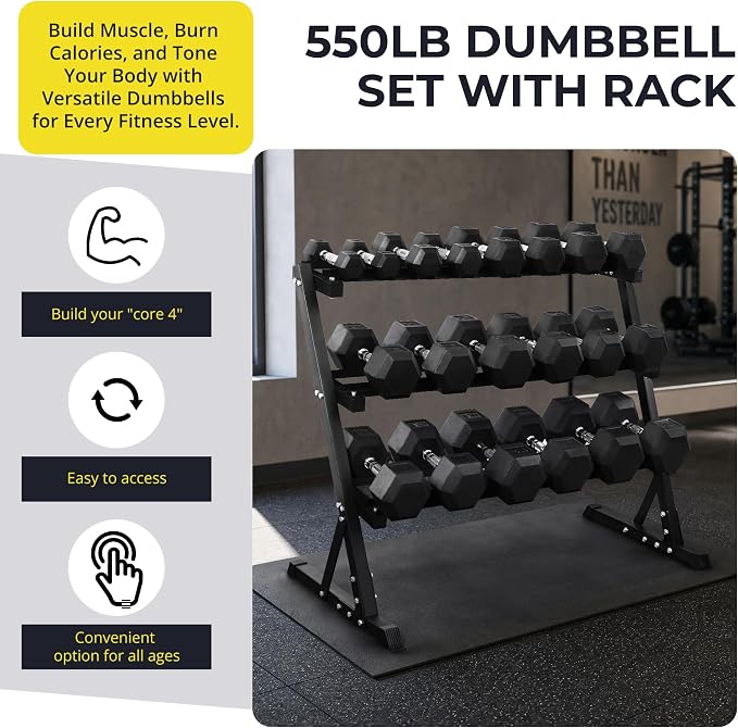HulkFit 160-550LB Rubber Hex Dumbbell Set with Storage Rack, Solid Cast Iron Dumbbells for Full Body, Anti-Slip Grip, Weights Dumbbells Set for Home Gym Training