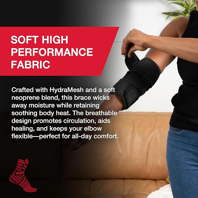 MUELLER Sports Medicine Adjustable Elbow Brace, Elbow Pain Relief Support Sleeve for Men and Women, For Tennis, Golf, Painting, Factory-Line Work, and More, Black, One Size | medical-braces-and-supports
