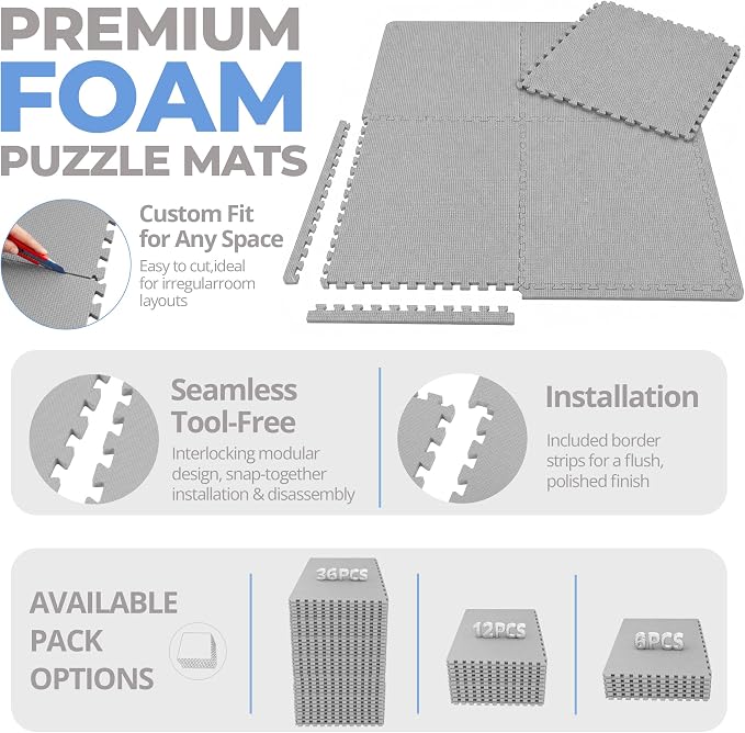 HulkFit Puzzle Exercise Mat, 1/2 Inch EVA Interlocking Foam Gym Flooring for Home Gym, Garage, Apartments, Shock-Absorbing Floor Tiles Workout Mat for Workout Equipment, MMA, Gymnastics, 6 Tiles