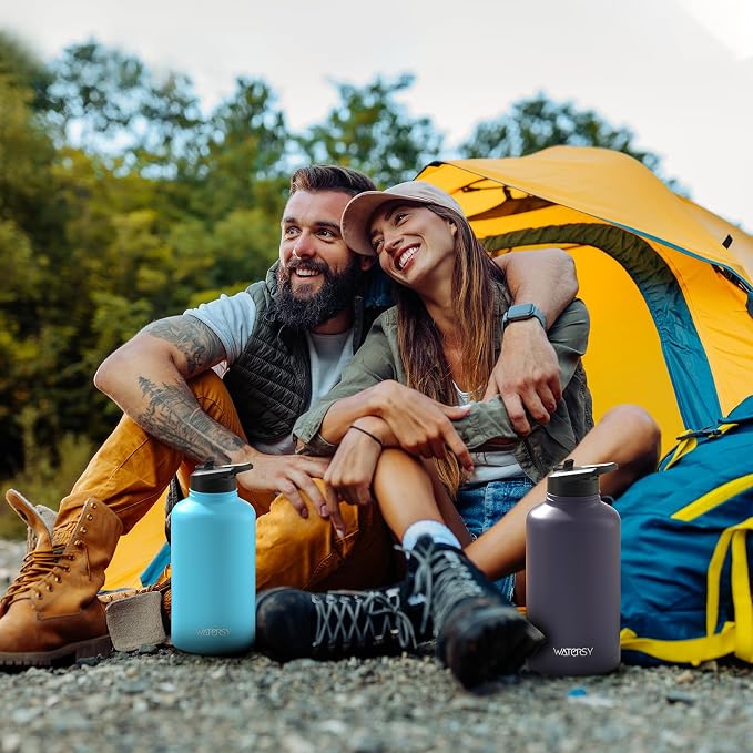 64oz Insulated Water Bottle (Cold for 48 Hrs),BPA Free&Leak Proof,Half Gallon Stainless Steel Water Flask,Water Jug with Straw Spout Lids for Gym,Hiking,Camping,Sky Blue