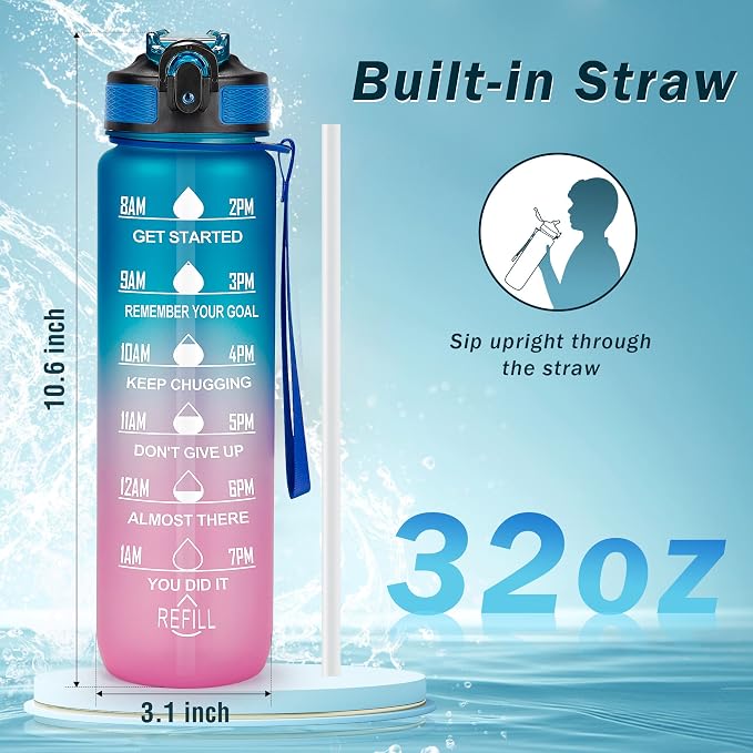 YC Kitchen Motivational Water Bottle with Time Marker - 32oz, Leak-proof BPA Free Sports Water Bottles with Straw & Carrying Strap