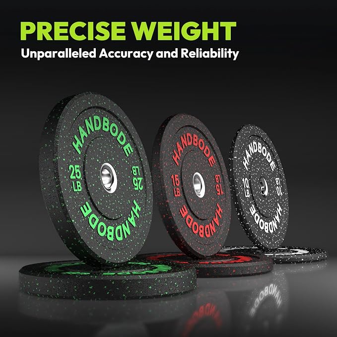 HANDBODE Olympic Barbell Set, 2-Inch Bumper Plates with Weight Plate Rack | Colored Crumb Rubber Weight Plates for Weight Lifting & Strength Training, 90–530 lb Set with 45 LB (20 kg) Olympic Barbell