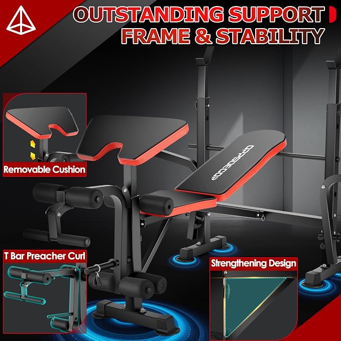 OPPSDECOR Weight Bench Set with Squat Rack, 900LBS Adjustable for Home Gym | Leg Extension & Curl, Preacher Curl Pad, ASTM-Certified 900LBS, Bench Press Rack, Full Body Workout, 2-Second Fold, US Stock