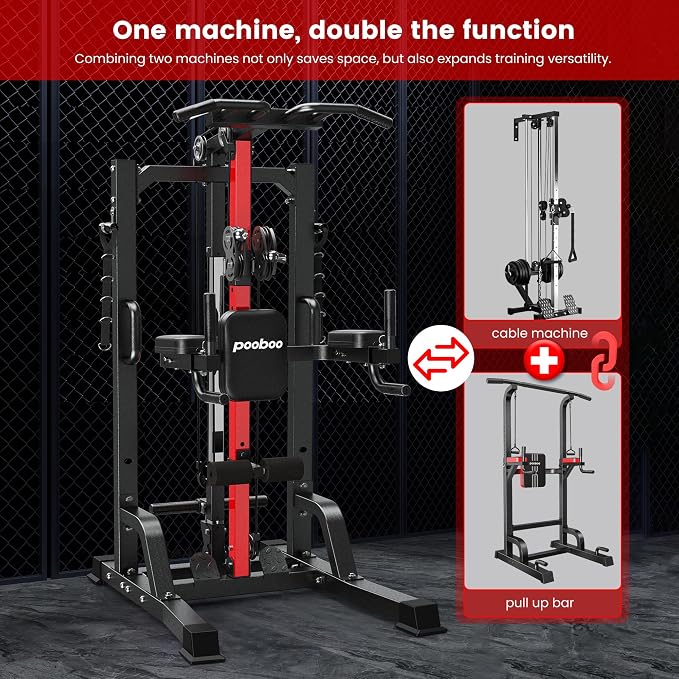 Pull Up Bar Power Tower Dip Station with Cable Machine, 450LB Home Gym | Pull up bar, dip station and 16-position cable system for pull ups, dips, lat pulldowns, rows and full-body training