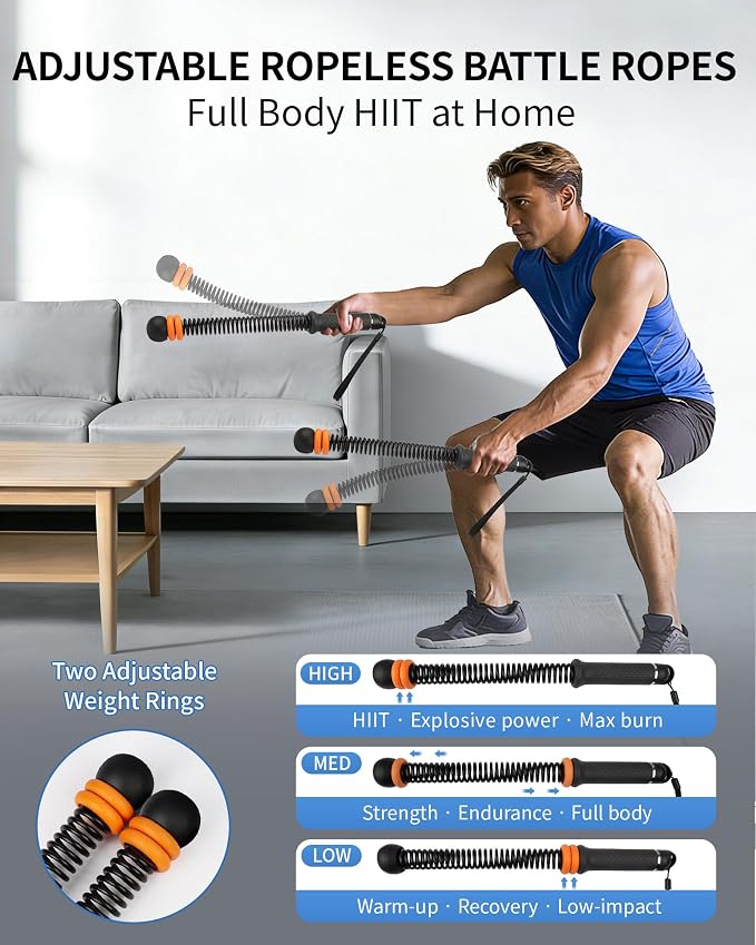 Weighted Ropeless Battle Ropes, Adjustable Resistance & Portable Cordless | Non-Slip Handle, Storage Bag Included, for HIIT Low-Impact Training, Full Body Strength Home Gym Equipment for Men Women