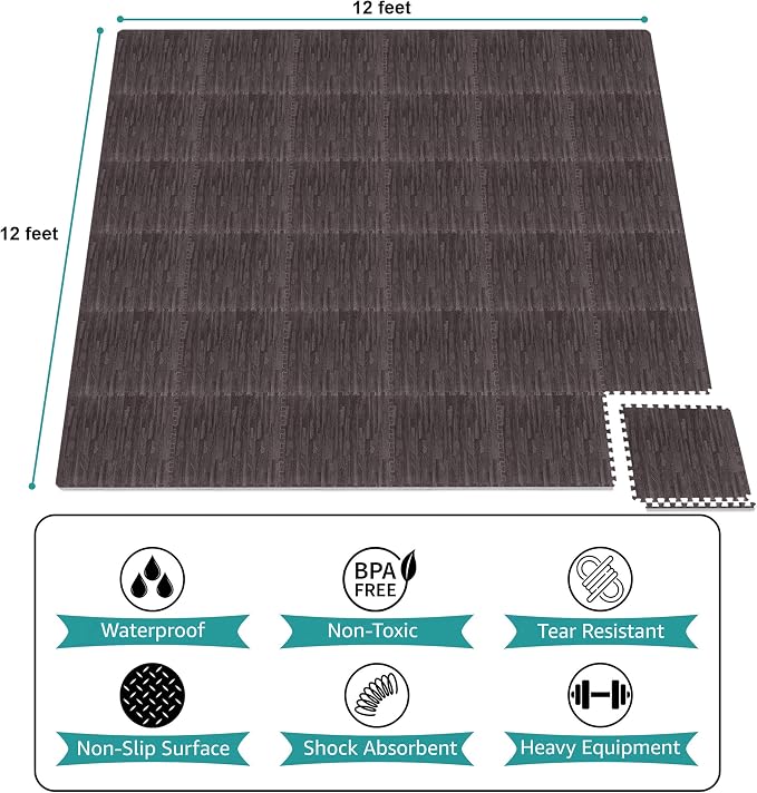 Sorbus Wood Grain Floor Tiles Foam Mat EVA Interlocking Mats Tile 3/8-Inch Thick Flooring Wood Puzzle Exercise Mats w/Borders - Home Playroom Basement, Apartment, Trade Show, Baby, Dance