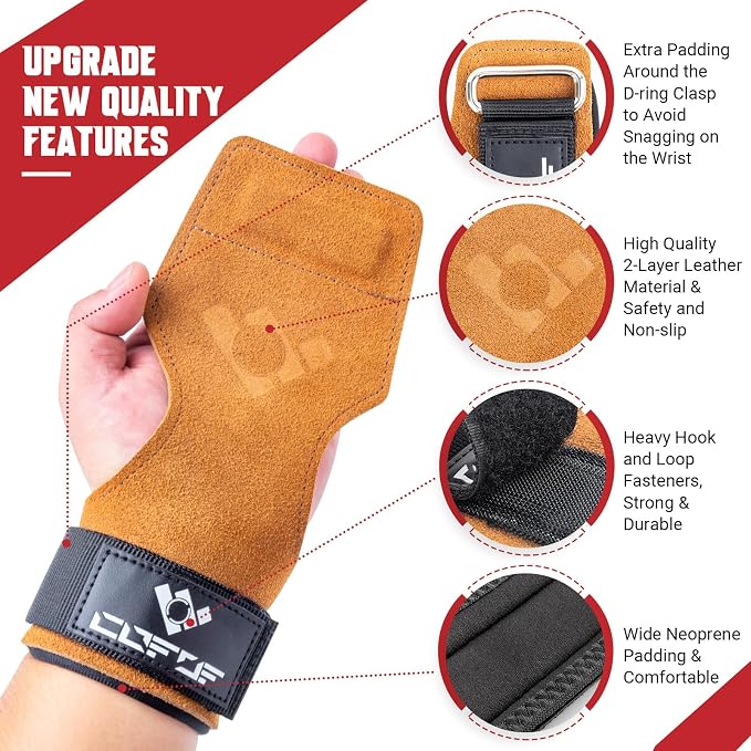 Weight Lifting Wrist Strap, Double-Layer Leather for Deadlift Powerlifting | Gym Strap with Adjustable Neoprene Padded Fit for 6.3–8 Inch Wrist, 8.07-Inch Leather Strap, Gym Workout Lifting Hook (Pair)