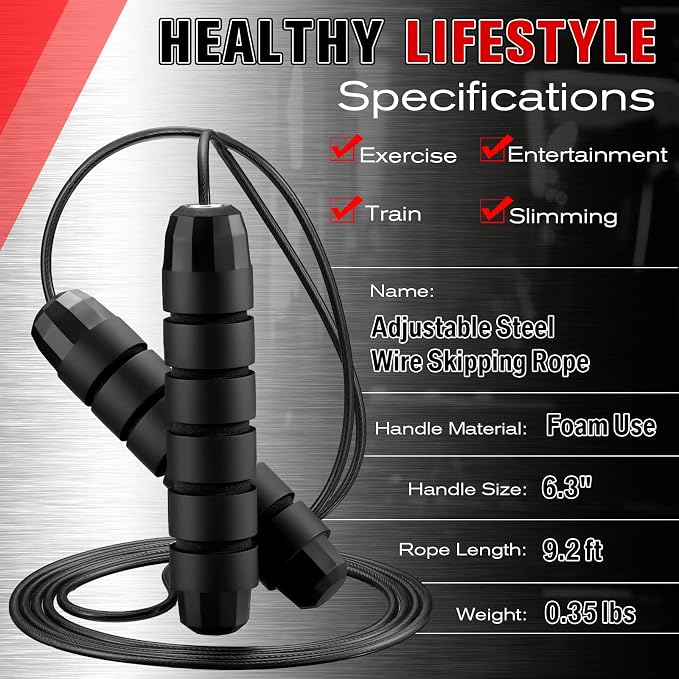 Jump Ropes for Fitness with Ball Bearings Speed Jumping Adjustable Skipping Rope with Foam Handles Exercise Stuffer for Men Women Cardio Training Slim Body