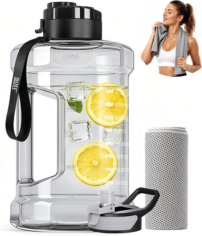 Large Water Bottle with Motivational Time Marker & Straw & Handle,2 Lids | BPA Free,Gallon Water Jug, Half Gallon water Bottle for Sport Gym Camping Workout Outdoors Yoga (Clear)