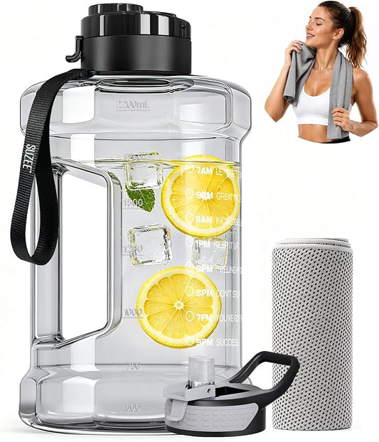 Large Water Bottle with Motivational Time Marker & Straw & Handle,2 Lids | BPA Free,Gallon Water Jug, Half Gallon water Bottle for Sport Gym Camping Workout Outdoors Yoga (Clear)