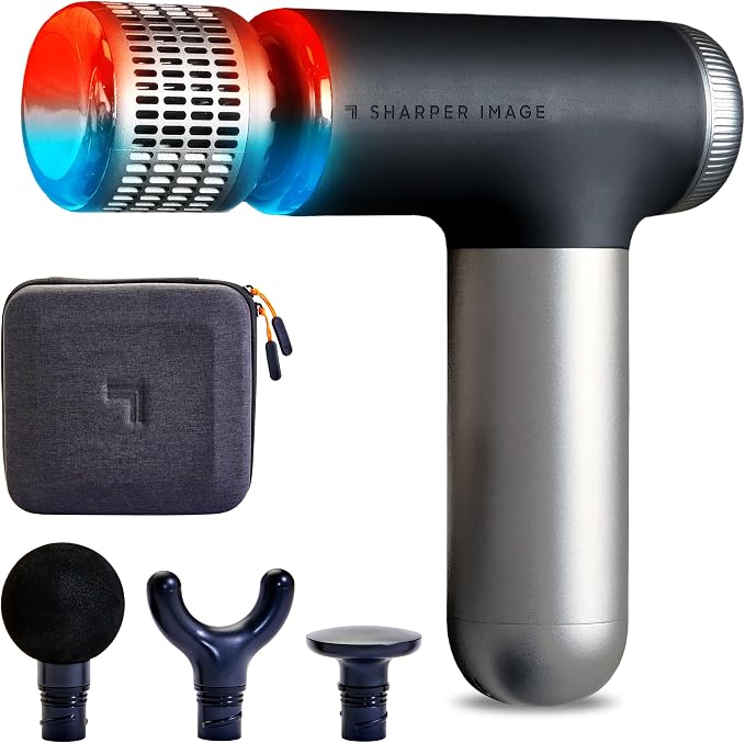 Sharper Image Powerboost Pro+ Hot & Cold Compact Deep Tissue Massage Gun - 6 Speed, 4 Attachments, Travel Case| Soothing Heat & Cold Therapy| Portable Lightweight Full Body Shoulder & Back Massager