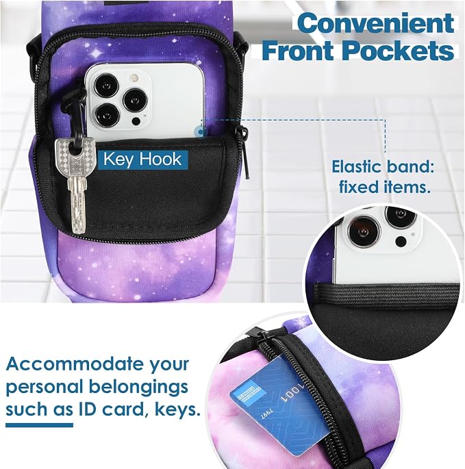 Nuovoware Water Bottle Carrier Bag, 25oz/32oz, StarrySky Purple | Adjustable Shoulder Hand Strap, 2 Pocket, Sling Neoprene Sleeve, Sports Water Bottle Accessories
