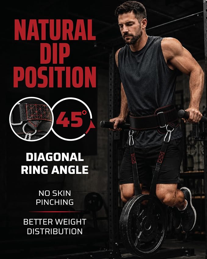 THEFITGUY Original Dip Belt with Strap for Dips, Pull-Ups, Squat Attachment | Secure hook-and-loop closure, structured back support, 45-degree D-rings, 40in strap, 2 hooks, up to 250lb