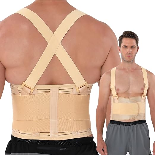 NeoTech Care Back Brace with Suspenders for Work - Industrial Lifting Safety, Elastic Compression, Hook & Loop Closure (Beige, Size XL)