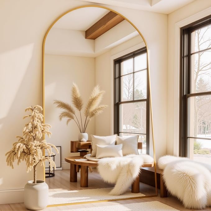 Floor Mirror, 90"x46" Oversized Full Length Mirror with Stand, Arched Full Body Mirror Standing Hanging Leaning Against Wall, Aluminum Frame Giant Mirrors for Bedroom Cloakroom, Gold