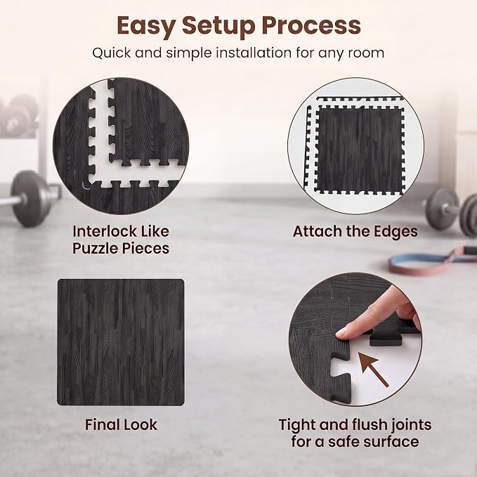 Giantex 25 Pcs Faux Wood Grain EVA Foam Tiles, 24"x24" Interlocking Floor | 100 Sq. Ft Puzzle Exercise Mats with 50 Borders, 0.4" Thick Waterproof Anti-Slip Flooring for Home Gym, Basement, Black