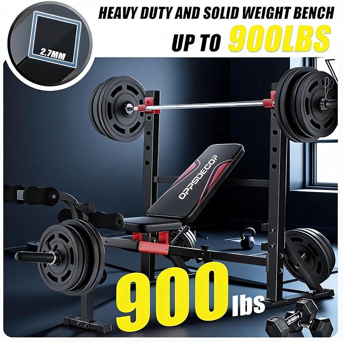 OPPSDECOR Adjustable Olympic Weight Bench with Rack & Leg Curl Sliding Seat | Fits Up to 6'4" 900LBS Heavy Duty Foldable Bench Press Set for Home Gym Flat Incline Decline Workout Bench for Tall People