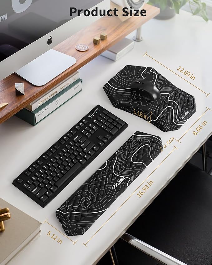 Ergonomic Mouse Pad Wrist Rest and Keyboard Wrist Rest Support Set | Massage Design Mousepad for Carpal Tunnel Pain Relief, Memory Foam, Non-Slip PU Base for Computer Desk, Topographic