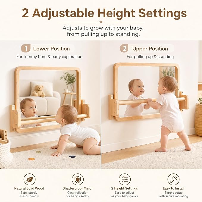 Woodtoe Montessori Mirror with Bar, Adjustable Baby Pull to Stand Toys 6M+ | Natural Solid Wood Frame & Baby Pull Up Bar, Infant Coordination Toddler Mirror, Developmental Toys for Baby 6-18 Months