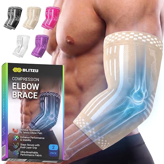 BLITZU Elbow Compression Sleeve for Tendonitis, Tennis Elbow Brace 2 Pack S | Targeted Arm Support, Joint Stability, Muscle Recovery, Workout Protection, Tendonitis & Arthritis Relief, All-Day Comfort